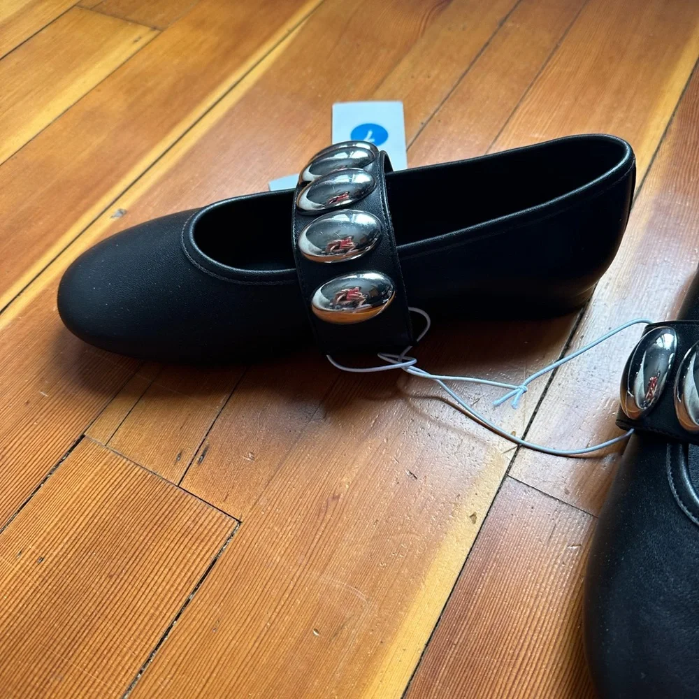 a new day Black Leather Mary Jane Flats with Chunky Silver Chain Strap